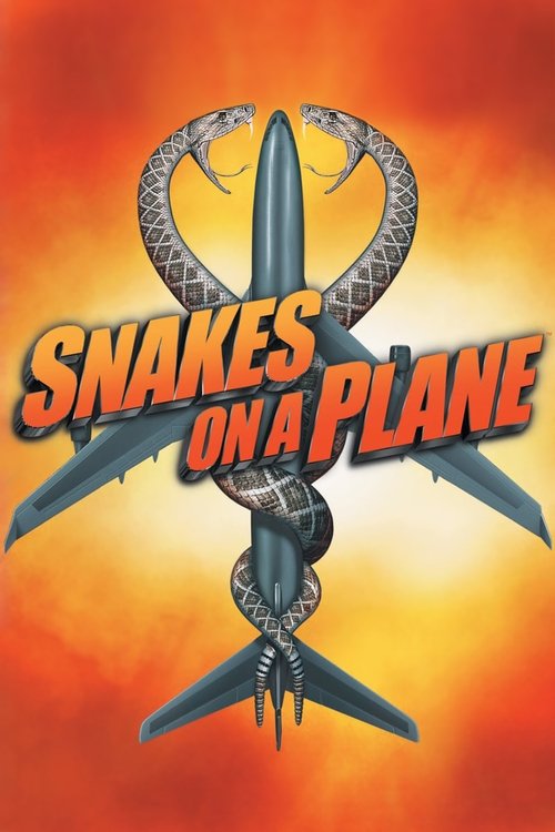 The poster features a dramatic scene with a man in a suit and hat, surrounded by snakes, set against a fiery orange background. The title "Snakes on a Plane" is prominently displayed in bold, stylized text. The overall mood is intense and adventurous, suggesting a thrilling space exploration story.