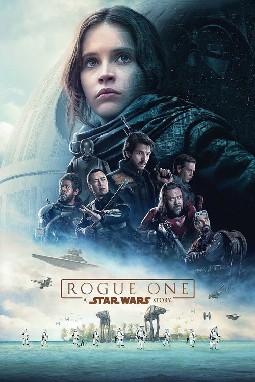 The poster features a determined young woman in a dark cloak, surrounded by a group of heroic characters in action poses. The color palette blends deep blues, fiery oranges, and earthy tones, creating an intense and adventurous atmosphere. The title "Rogue One: A Star Wars Story" is prominently d...