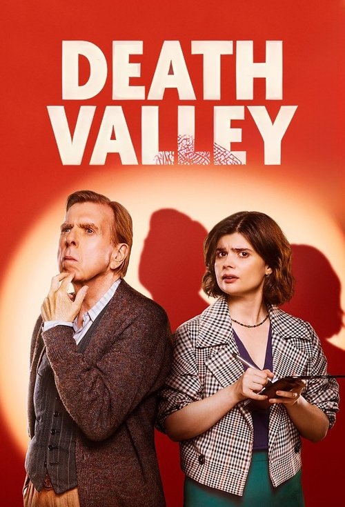 The poster features two characters against a fiery red background, evoking a sense of danger and urgency. The man on the left, dressed in a brown sweater, looks concerned, while the woman beside him, wearing a plaid jacket, appears tense. The bold white text "DEATH VALLEY" dominates the top, sugg...