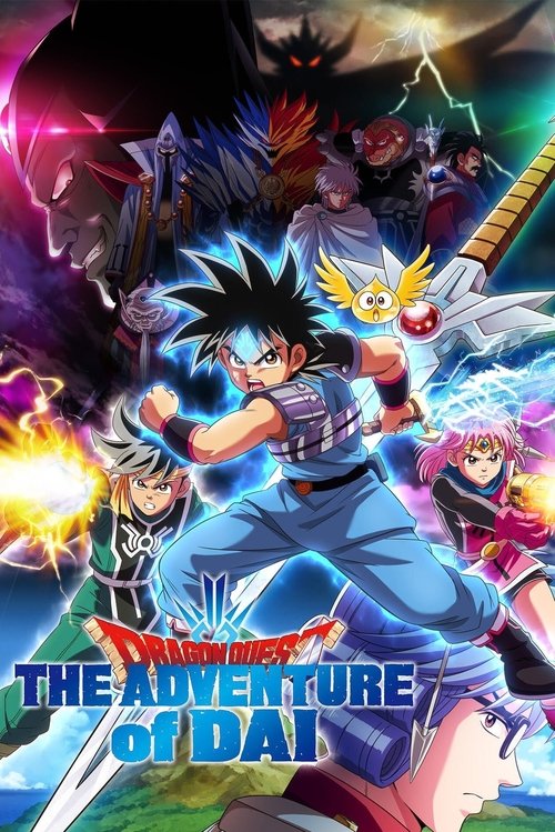 This vibrant poster showcases a dynamic scene from "Dragon Quest: The Adventure of Dai," featuring a central character in action with glowing blue energy. Surrounding him are other characters in colorful outfits, including a dragon-like figure and a character with purple hair. The background is f...