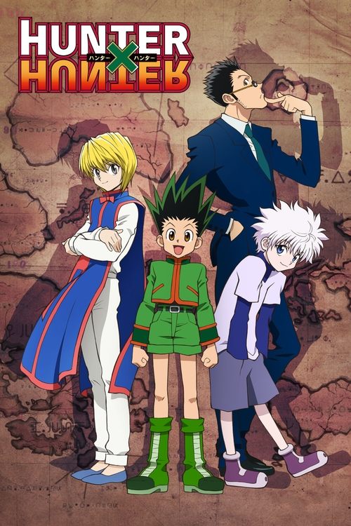 The poster features four characters from "Hunter x Hunter" in a dramatic, action-oriented scene. The vibrant colors of the characters' outfits contrast against the rugged, earthy background, creating a visually striking composition. The mood is intense and adventurous, capturing the essence of th...
