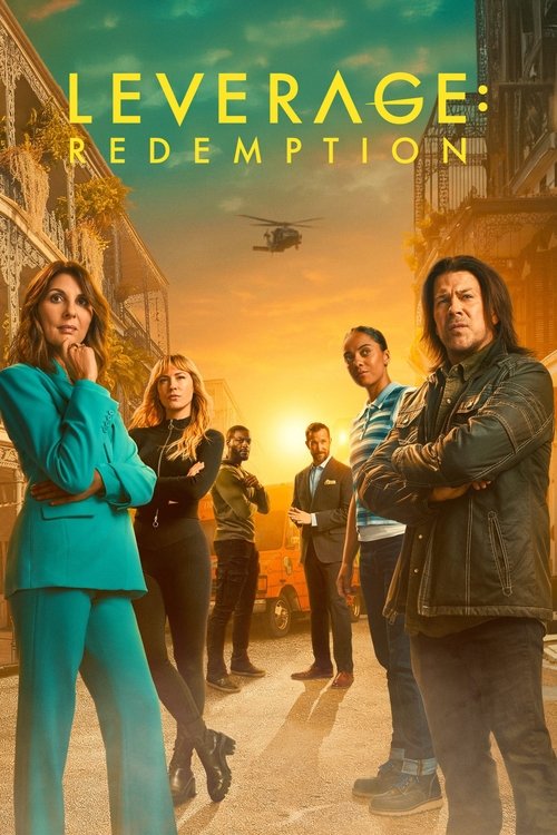 The poster features a dramatic scene with four characters standing against a sunset backdrop, exuding confidence and determination. The vibrant turquoise suit and leather jacket stand out against the warm, golden hues of the sky, creating a striking visual contrast. The mood is intense and inspir...