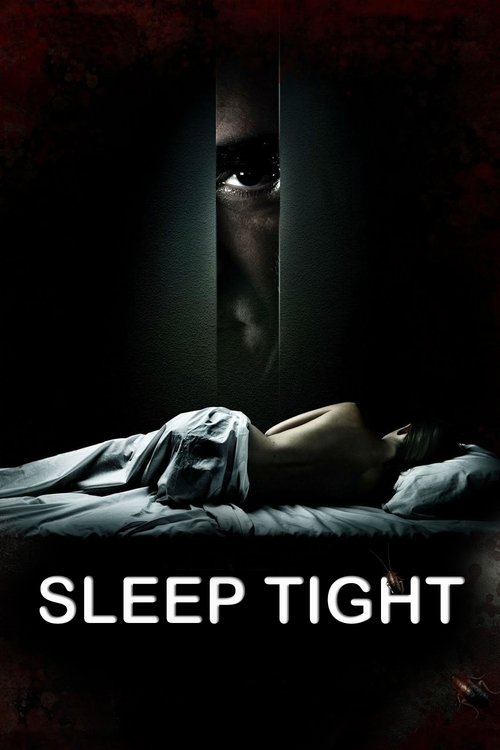 The poster features a dark, ominous scene with a person lying on a bed, their face partially obscured by shadows. Above, a menacing figure peeks through a vertical slit, creating a sense of suspense and danger. The color palette is dominated by deep blacks and grays, with a hint of red, enhancing...