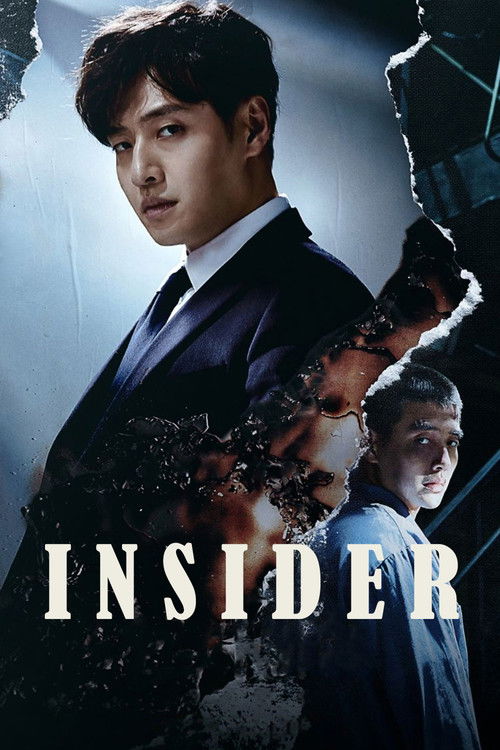 The poster features a man in a dark suit against a dramatic, dark background with shattered glass effects. Another man is partially visible in the background, adding depth to the composition. The title "INSIDER" is prominently displayed in bold, white letters at the bottom. The overall mood is my...