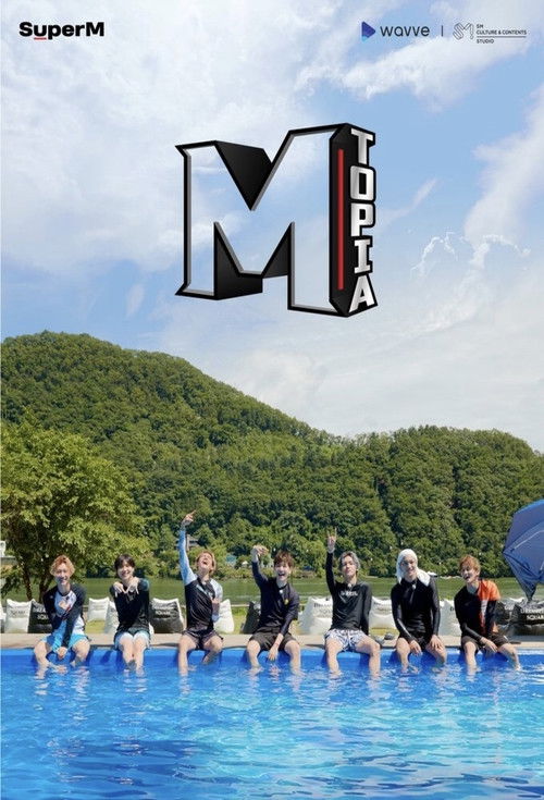 The poster features a group of people standing on the edge of a bright blue pool, with lush green hills in the background under a clear sky. The bold "M" logo dominates the center, while the word "TOPIA" is vertically written in white letters on a red background. The overall mood is energetic and...