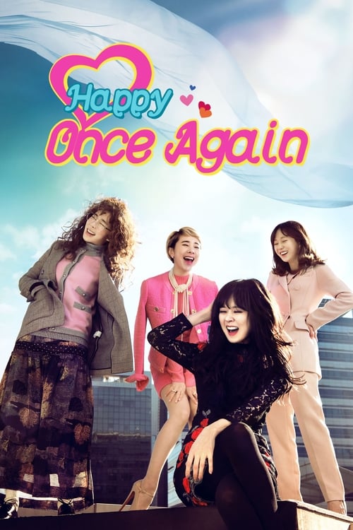 The poster features four women in vibrant, playful poses against a bright blue sky. The title "Happy Once Again" is prominently displayed in colorful, whimsical lettering. The overall mood is cheerful and energetic, capturing the essence of a fun, upbeat TV show.