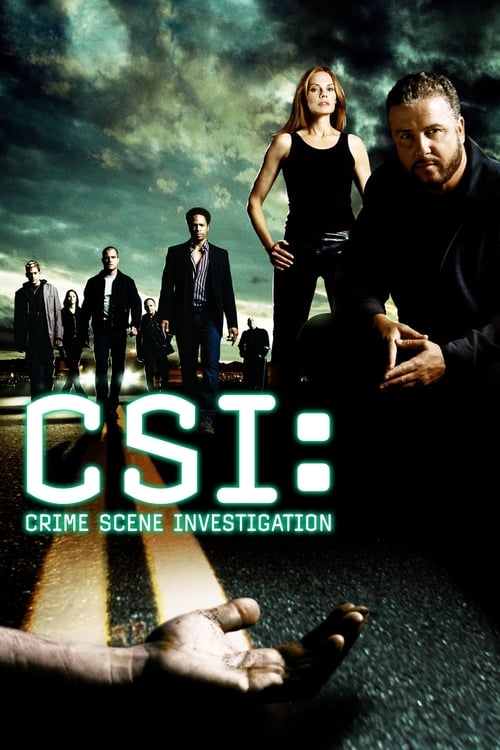 The poster features a dramatic scene with a man in the foreground, a woman standing behind him, and several figures in the background. The colors are dark with a hint of green, evoking a serious and mysterious atmosphere. The title "CSI: Crime Scene Investigation" is prominently displayed in bold...