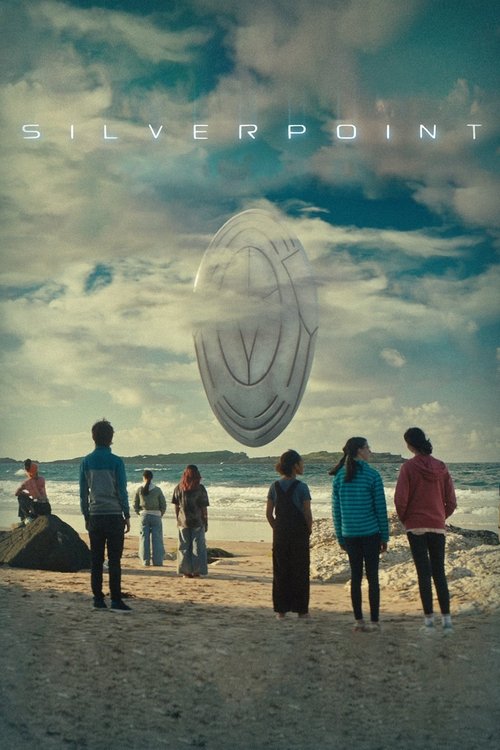 The poster captures a serene beach scene with a group of people standing on the sand, facing the ocean under a dramatic sky. The muted earthy tones of the sand contrast with the vibrant blue of the sky and the teal of the people's clothing. A mysterious, glowing orb floats above them, adding an e...
