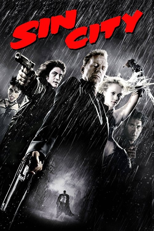 The poster features a gritty, rain-slicked scene with a central figure in a dark trench coat, flanked by armed men in the background. The red "Sin City" title dominates the top, evoking a noir atmosphere. The mood is tense and mysterious, capturing the essence of the film's action-packed and susp...