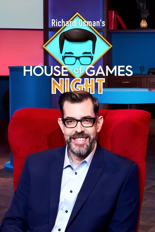 A man in a suit sits on a red chair against a colorful backdrop featuring "Richard Osman's House of Games Night" in bold letters. The warm lighting and vibrant colors create a lively, engaging atmosphere.