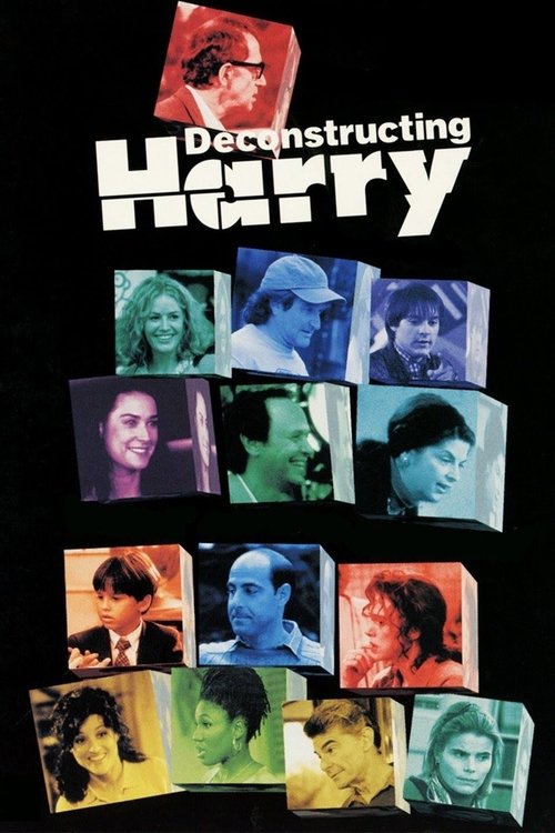 This movie poster for "Deconstructing Harry" features a collage of iconic Harry Styles portraits in vibrant, contrasting colors against a dark background. The dynamic arrangement of faces suggests a blend of nostalgia and modernity, evoking a sense of mystery and intrigue.