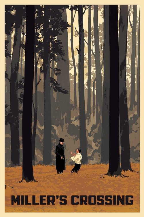 This poster depicts Miller's Crossing in a misty, wooded forest. Two figures walk through tall, dark trees, evoking a mysterious and atmospheric mood. The muted earth tones and silhouette create a sense of isolation and suspense.