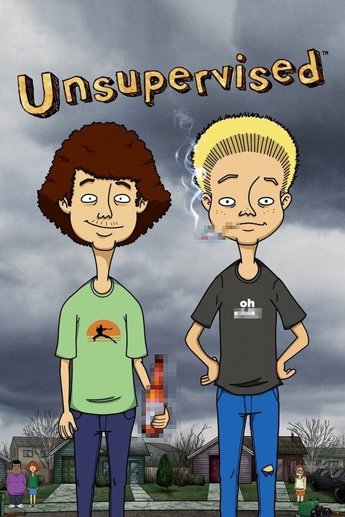The poster features two cartoon characters standing against a dramatic, stormy sky. The boy on the left wears a green shirt with a red bird logo and holds a bottle, while the boy on the right sports a black shirt with a white skull emblem and has smoke rising from his nose. The mood is mysterious...