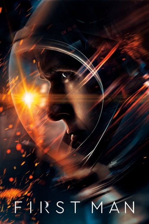 The poster features a dark, atmospheric portrait of a man in profile against a fiery background. The intense orange and red glow contrasts with the cool blue tones, creating a dramatic and mysterious mood. The title "FIRST MAN" is prominently displayed at the bottom, suggesting a story of persona...