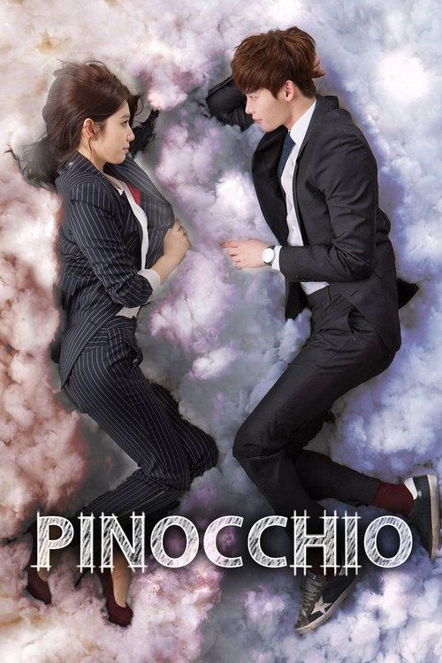 The poster features two characters in dramatic poses against a swirling, dreamlike background of purple and blue hues. The man in a suit appears to be mid-motion, while the woman in a pinstripe dress looks poised and confident. The title "PINOCCHIO" is prominently displayed at the bottom, suggest...
