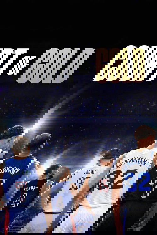 The poster features four basketball players from the NBA, each wearing their jersey with numbers and names. They stand in a dimly lit arena, looking toward a bright, starry sky. The title "COURT OF GOLD" is prominently displayed in bold, contrasting colors. The mood is dramatic and inspiring, cap...