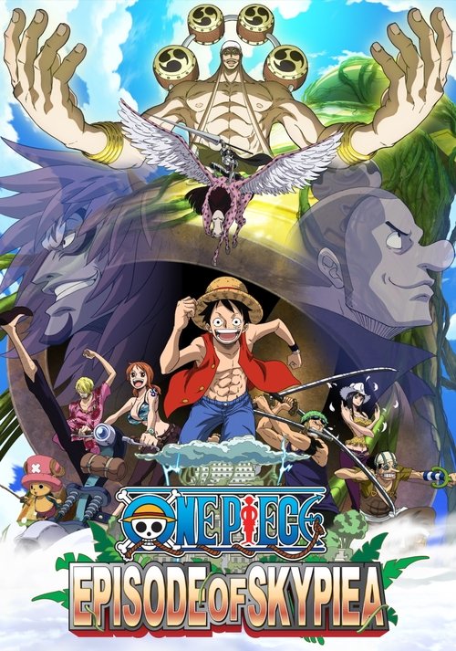 The poster features a vibrant scene with Monkey D. Luffy at the center, surrounded by other characters in dynamic poses. The background showcases dramatic sky colors and fantastical elements like a dragon-like creature and a large bird. The overall mood is adventurous and energetic, capturing the...