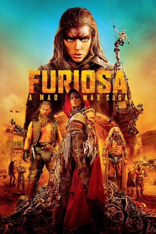 The poster features a central figure in a red cloak, surrounded by warriors in rugged attire against a fiery sunset backdrop. The warm tones of orange and red evoke an intense, action-packed atmosphere, while the bold title "Furiosa: A Mad Max Saga" dominates the center.