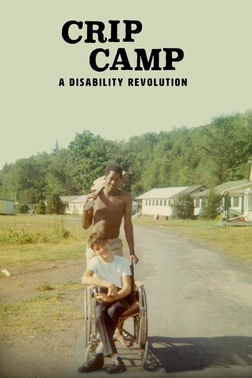 The poster features a man in a wheelchair pushing a child through a rural road, evoking a sense of movement and connection. The muted green background and simple architecture suggest a peaceful, everyday setting. The bold title and subtitle convey a message of empowerment and social change.