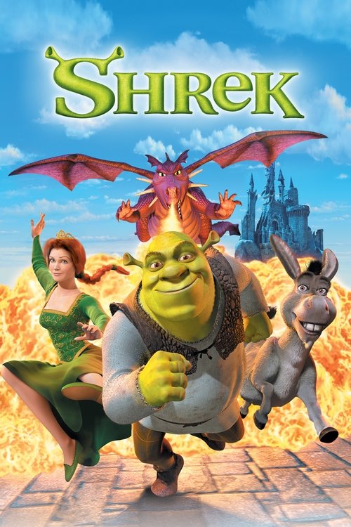 The vibrant green Shrek stands confidently in the center, surrounded by his fiery dragon and loyal companions. A woman in a green dress smiles warmly beside him, while a gray dog watches from the side. The scene is bathed in warm orange and yellow hues, evoking a sense of adventure and friendship...