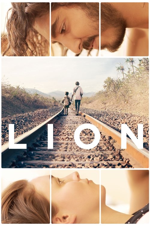 The poster features a collage of intimate close-ups of people's faces, evoking a sense of vulnerability and connection. The warm, golden tones of the skin and the soft lighting create a serene and nostalgic atmosphere. The word "LION" is prominently displayed in bold, white letters, symbolizing t...