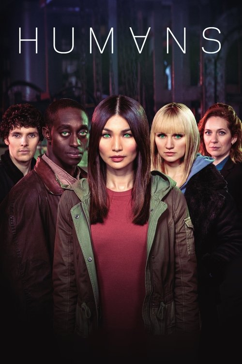 The poster features six diverse characters standing in a dimly lit, atmospheric setting. The warm tones of their clothing contrast with the cool, shadowy background, creating a mysterious and intense mood. The title "HUMANS" is prominently displayed at the top, emphasizing the show's theme of exp...
