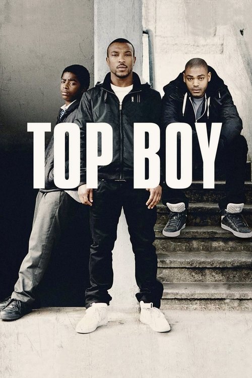 The poster features four men in a gritty urban setting, with one prominently standing in the center wearing a black jacket and white sneakers. The bold, white text "TOP BOY" dominates the foreground, creating a stark contrast against the muted background tones. The overall mood is raw and authent...