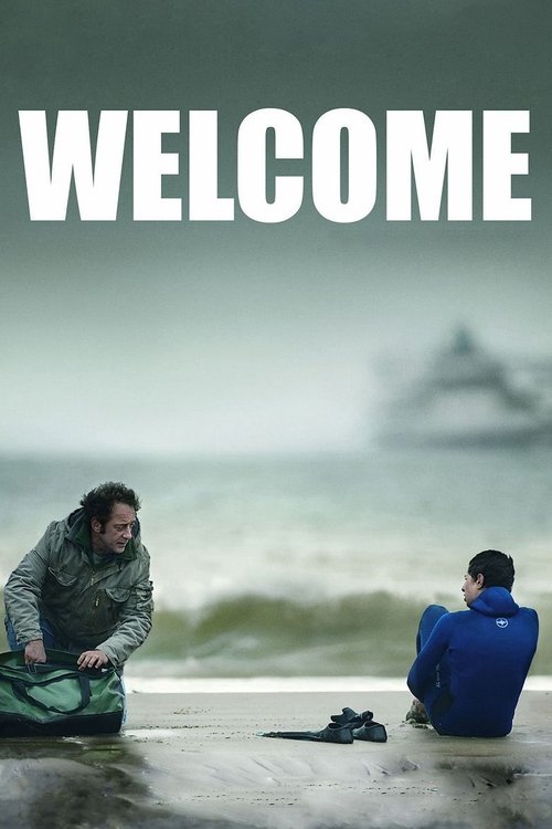 The poster features two people sitting on a wet beach, one in a green jacket and another in blue, with a distant ship visible in the misty ocean. The muted colors and somber mood evoke a sense of reflection and solitude.