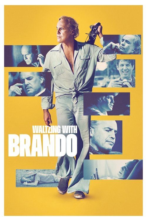 The poster features a glamorous woman in a light blue dress against a vibrant yellow background, holding a microphone. Surrounding her are smaller images of Brando and other actors, suggesting a film about his life and career. The overall mood is energetic and celebratory, capturing the essence o...