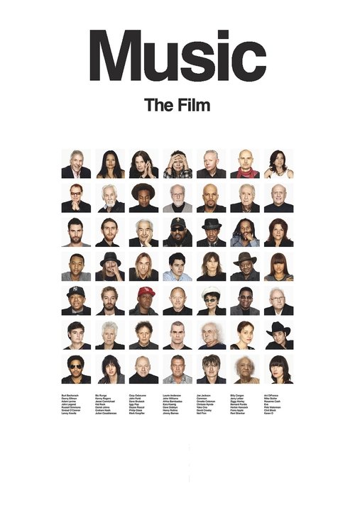 The poster features a grid of diverse individuals, each with a distinct appearance, set against a stark white background. The title "Music" is prominently displayed in bold, black typography, evoking a sense of artistic expression and cultural richness. The overall composition conveys a sense of ...