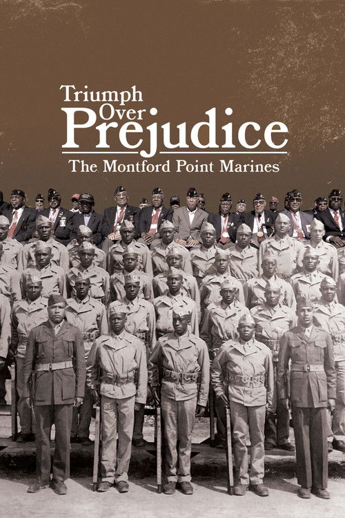 A solemn black-and-white portrait captures a group of Marines standing in formation, exuding strength and unity. The muted sepia tones evoke a historical, reflective mood, while the title "Triumph Over Prejudice" hints at a powerful narrative about overcoming societal barriers.