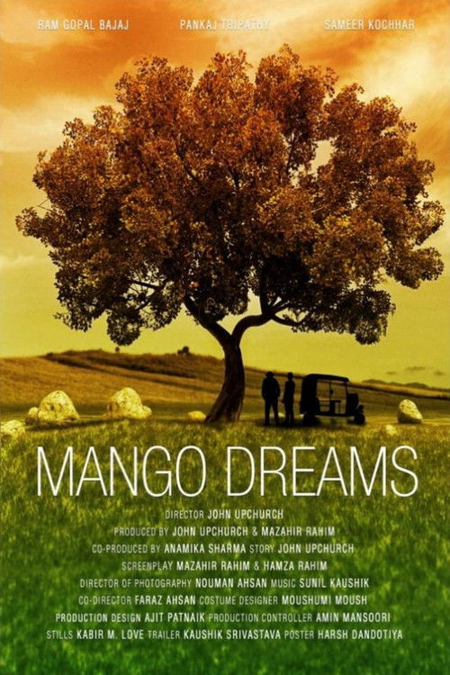 This movie poster for "Mango Dreams" features a serene, golden sunset scene with a large tree in the foreground. The warm colors evoke a dreamy, nostalgic mood, while the title "Mango Dreams" is prominently displayed in bold, white letters.