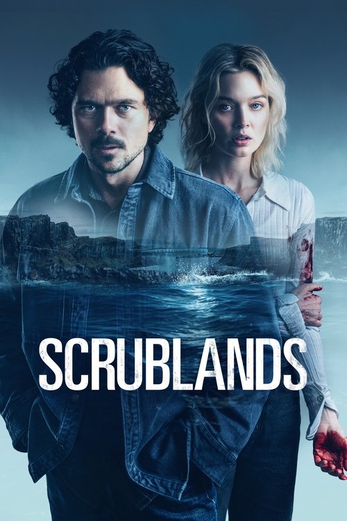 The poster features two characters standing against a dark, moody background with a stormy sky. The man in the foreground wears a denim jacket, while the woman behind him is dressed in a light-colored top. The title "SCRUBLANDS" is prominently displayed in bold white letters across the lower port...