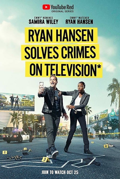 The poster features two men in suits standing confidently on a city street, with crime scene markers scattered around. The vibrant yellow title stands out against the blue sky, while the YouTube Red logo suggests a popular series. The overall mood is energetic and professional, hinting at a thril...