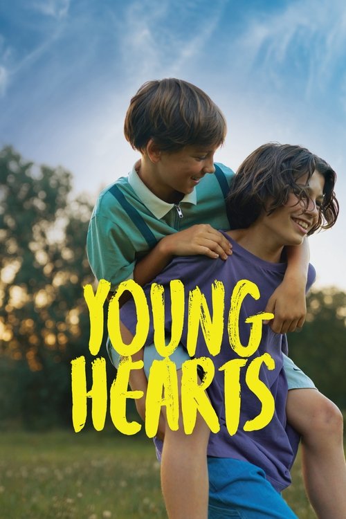 The poster features two children hugging in a sunny outdoor setting, evoking warmth and joy. The title "Young Hearts" is prominently displayed in bold yellow letters against a blue sky, symbolizing the emotional connection between the characters.