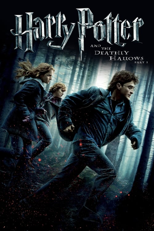 The poster features three characters in a dark, misty forest, exuding mystery and danger. The title is prominently displayed in gothic lettering, with the subtitle "Deathly Hallows" written below. The overall mood is eerie and suspenseful, capturing the essence of the Harry Potter series.