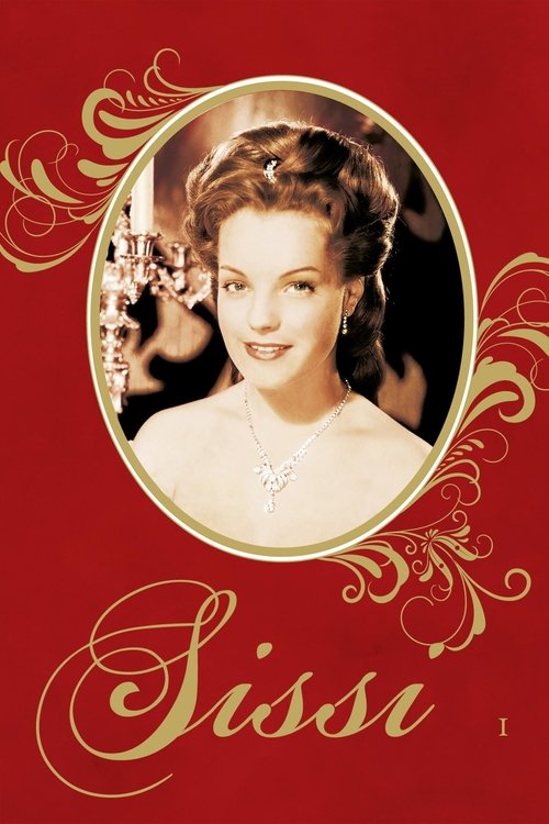 The poster features a glamorous portrait of Sissi in an elegant oval frame against a rich red background. Ornate gold flourishes frame the image, exuding opulence and romance. The warm tones and classic design evoke a timeless, romantic atmosphere.
