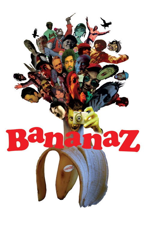 This vibrant poster features a chaotic yet colorful group of people forming a tree-like structure, symbolizing diversity and creativity. The bold red text "BANANAZ" anchors the composition, while the playful, dynamic poses of the characters convey a lively and energetic mood.