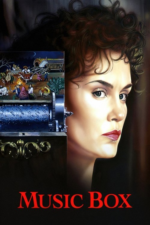 The poster features a woman with dark curly hair, her face illuminated against a dark background. To her left, a vintage music box displays colorful musical notes and instruments, evoking a nostalgic, whimsical atmosphere. The overall mood is mysterious and slightly eerie, with the woman's intens...