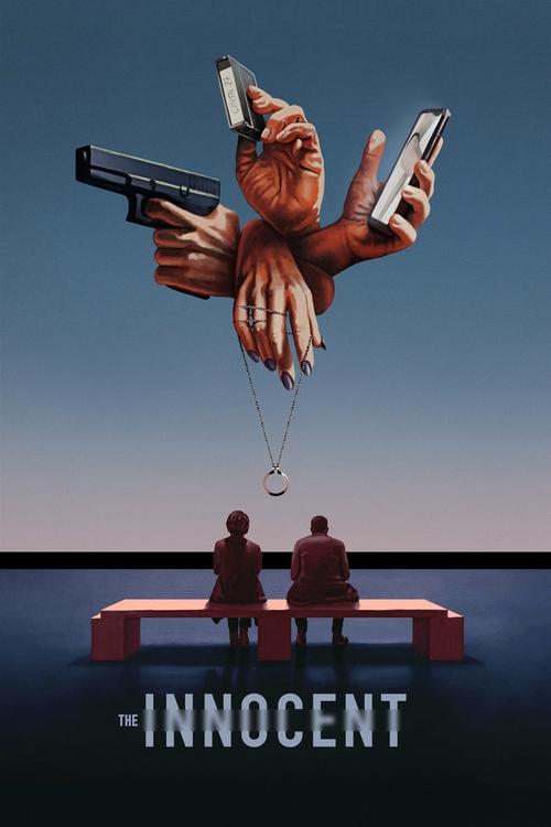The poster depicts a surreal scene where two figures sit on a bench against a dark, moody backdrop. Above them, a giant hand holds three guns and two smartphones, symbolizing chaos and control. The muted tones and shadowy atmosphere convey a sense of mystery and tension, hinting at themes of just...
