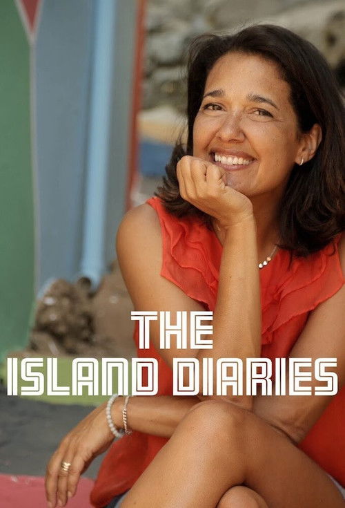 The poster features a smiling woman in a vibrant red dress, exuding warmth and joy. The title "THE ISLAND DIARIES" is prominently displayed in bold, white letters against a colorful background. The overall mood is cheerful and inviting, capturing the essence of a relaxed, personal story.