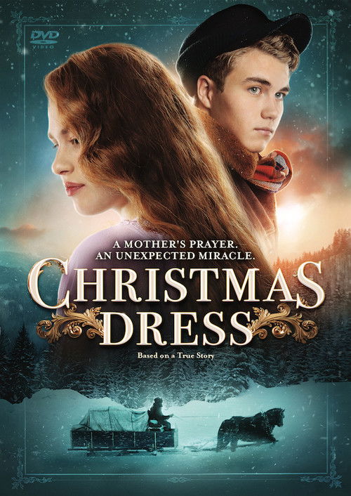 The poster features a romantic couple against a snowy, starry backdrop, with warm golden light illuminating their faces. The title "Christmas Dress" is prominently displayed in elegant gold lettering, evoking a sense of timeless romance and holiday magic.