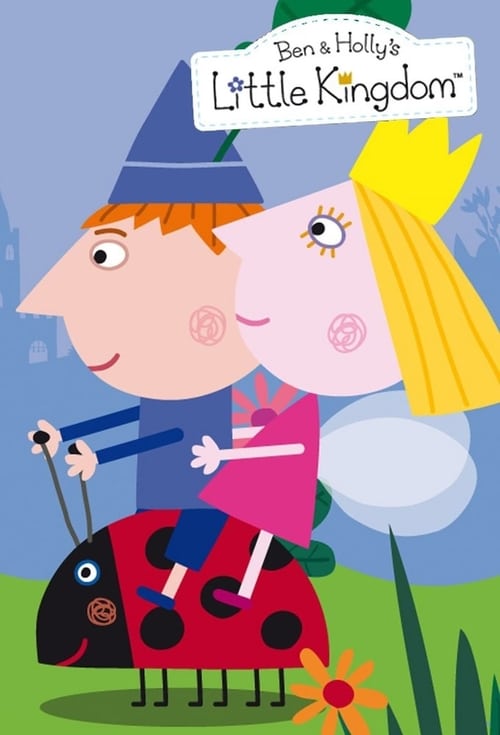 Ben and Holly, dressed as royalty, ride a ladybug on a whimsical green hill. Their vibrant pink dresses, blue hats, and sunny yellow hair evoke a cheerful, magical atmosphere. The playful illustration captures the charming essence of the beloved children's show.