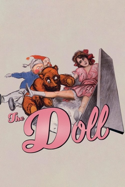 This vintage movie poster for "The Doll" features a whimsical scene with a teddy bear, a woman in a pink dress, and a Santa Claus figure, all set against a soft pink background. The playful and dreamy mood is enhanced by the pastel colors and the charming, slightly surreal composition.