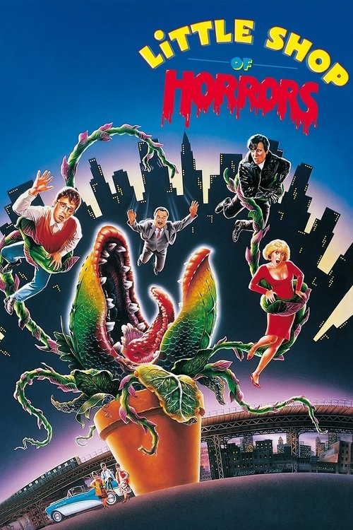 The poster features a vibrant, chaotic scene with four characters in mid-action against a dark city skyline. Dominating the foreground is a menacing, fleshy monster with sharp teeth and glowing eyes, surrounded by swirling green vines and eerie creatures. The overall mood is spooky yet whimsical,...