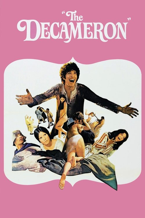 The Decameron poster features a dramatic scene with a central figure in a black suit, surrounded by five women in period costumes. The poster uses a pink background with white text, creating a classic, timeless feel. The mood is mysterious and theatrical, capturing the essence of the Decameron's ...