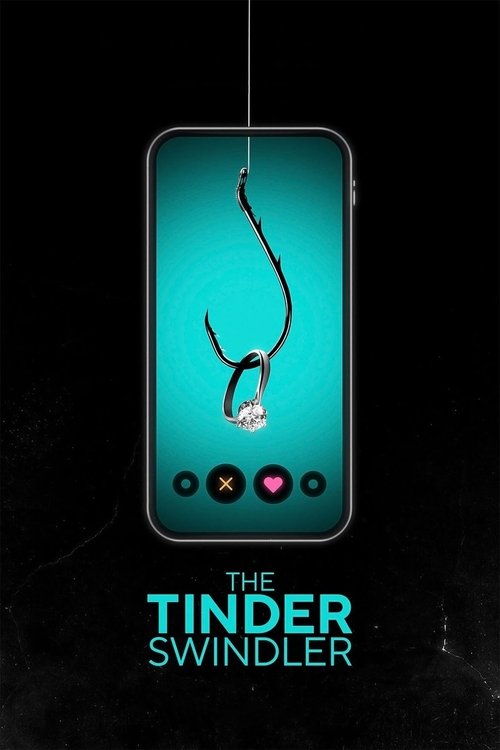 The poster features a smartphone hanging from a string against a dark background, displaying a teal screen with a mysterious figure. Below the phone, the title "The Tinder Swindler" is prominently displayed in bold, glowing text. The overall mood is mysterious and suspenseful, with a hint of intr...