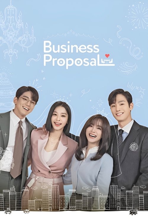 The poster features four professionals in formal attire against a light blue background with subtle office sketches. The warm tones of their suits and the soft pastel pink of the woman in the center create a professional yet inviting atmosphere. The title "Business Proposal" is prominently displa...