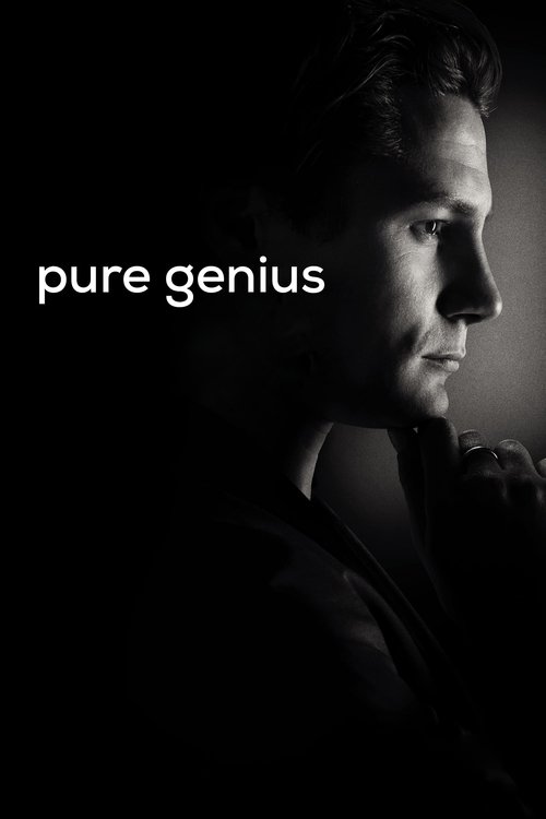 The poster features a man in profile against a dark, moody background, with the title "pure genius" prominently displayed in white text. The stark lighting and shadowy atmosphere evoke a sense of mystery and intellectual depth, suggesting themes of brilliance and hidden potential.