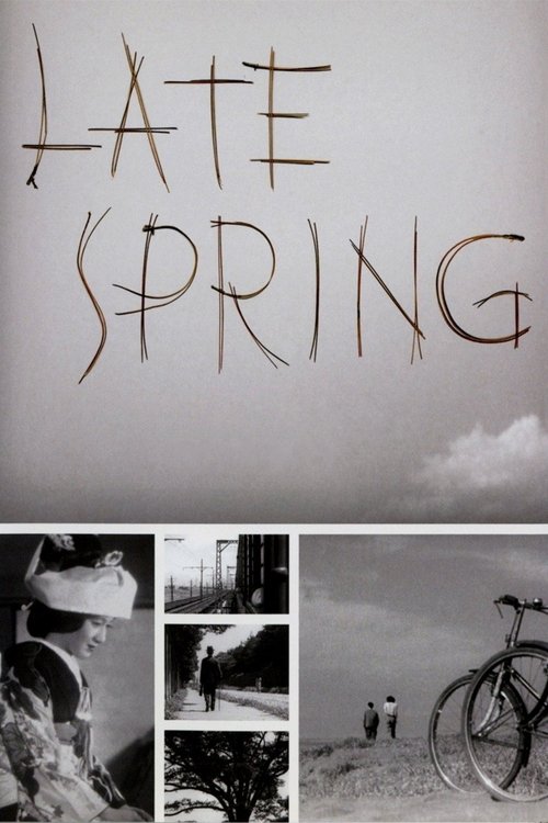 The poster features handwritten text "LATE SPRING" in a rustic, weathered font against a muted, sepia-toned background. Below, three black-and-white images depict a serene, contemplative scene: a person in a hat gazing at the horizon, a solitary figure walking on a sandy beach, and a bicycle park...
